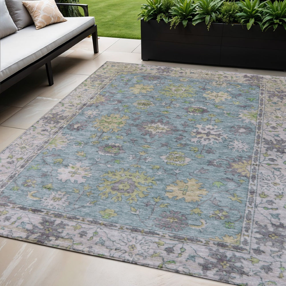 HomeRoots 5' Aqua Gold Gray Floral Washable Area Rug - Durable Indoor Outdoor Elegance for Any Space! 630286