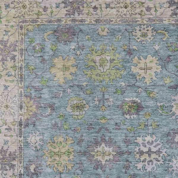 HomeRoots 5' Aqua Gold Gray Floral Washable Area Rug - Durable Indoor Outdoor Elegance for Any Space! 630286