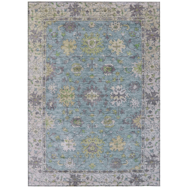 HomeRoots 5' Aqua Gold Gray Floral Washable Area Rug - Durable Indoor Outdoor Elegance for Any Space! 630286