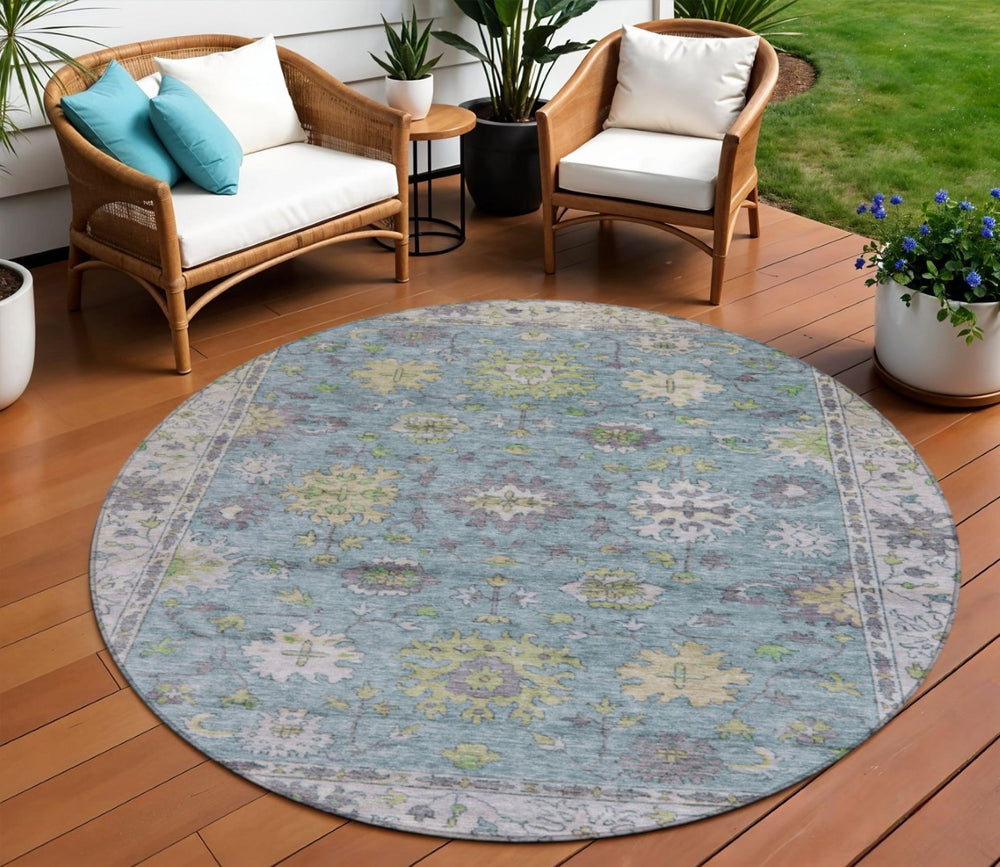 HomeRoots 8' Stylish Pale Aqua Gold Gray Round Floral Washable Rug for Indoor & Outdoor High-Traffic Areas 630287