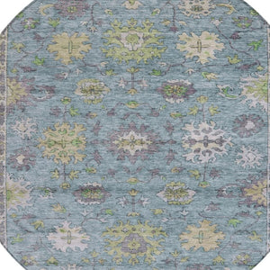 HomeRoots 8' Stylish Pale Aqua Gold Gray Round Floral Washable Rug for Indoor & Outdoor High-Traffic Areas 630287