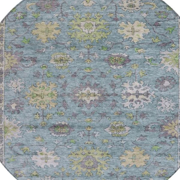 HomeRoots 8' Stylish Pale Aqua Gold Gray Round Floral Washable Rug for Indoor & Outdoor High-Traffic Areas 630287