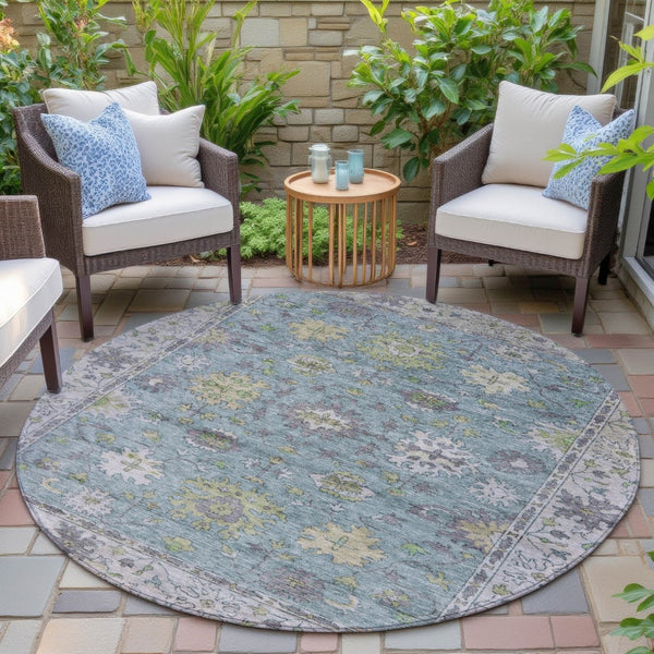 HomeRoots 8' Stylish Pale Aqua Gold Gray Round Floral Washable Rug for Indoor & Outdoor High-Traffic Areas 630287