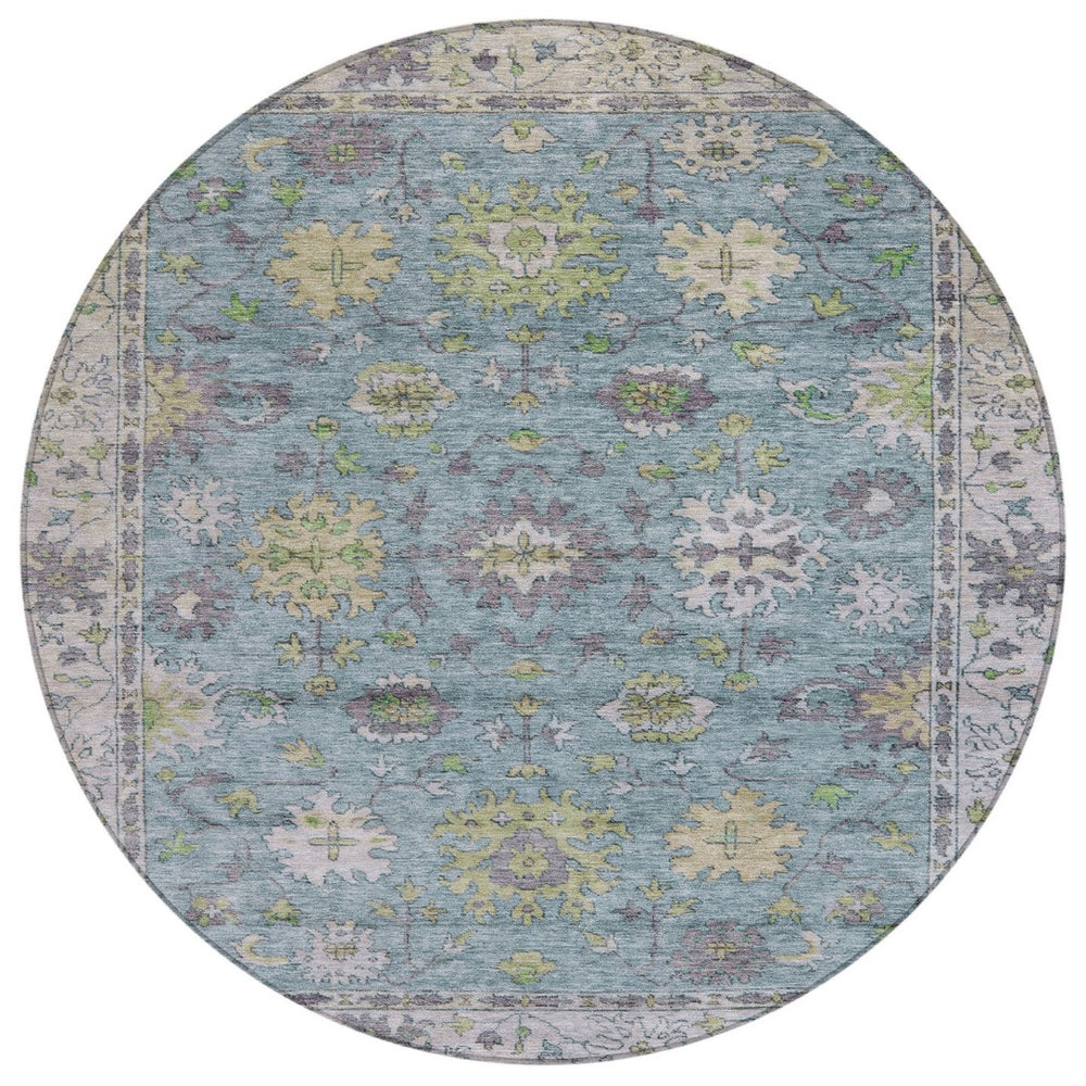 HomeRoots 8' Stylish Pale Aqua Gold Gray Round Floral Washable Rug for Indoor & Outdoor High-Traffic Areas 630287
