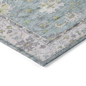 HomeRoots 8' Stylish Pale Aqua Gold Gray Round Floral Washable Rug for Indoor & Outdoor High-Traffic Areas 630287
