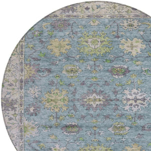 HomeRoots 8' Stylish Pale Aqua Gold Gray Round Floral Washable Rug for Indoor & Outdoor High-Traffic Areas 630287
