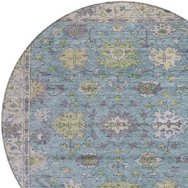 HomeRoots 8' Stylish Pale Aqua Gold Gray Round Floral Washable Rug for Indoor & Outdoor High-Traffic Areas 630287