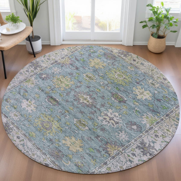 HomeRoots 8' Stylish Pale Aqua Gold Gray Round Floral Washable Rug for Indoor & Outdoor High-Traffic Areas 630287