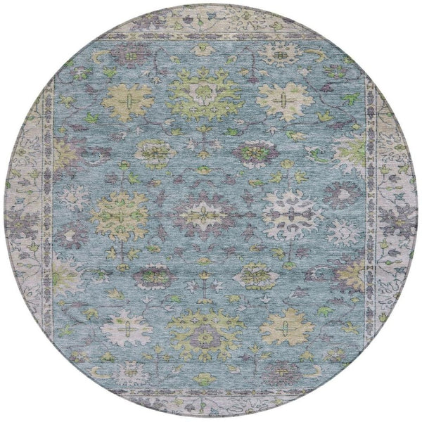 HomeRoots 8' Stylish Pale Aqua Gold Gray Round Floral Washable Rug for Indoor & Outdoor High-Traffic Areas 630287