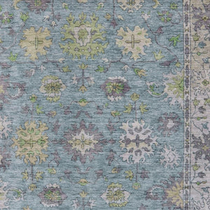 HomeRoots 9' X 12' Timeless Floral Washable Area Rug in Pale Aqua, Gold & Gray for Indoor/Outdoor Charm 630289