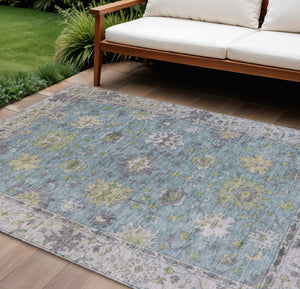 HomeRoots 9' X 12' Timeless Floral Washable Area Rug in Pale Aqua, Gold & Gray for Indoor/Outdoor Charm 630289