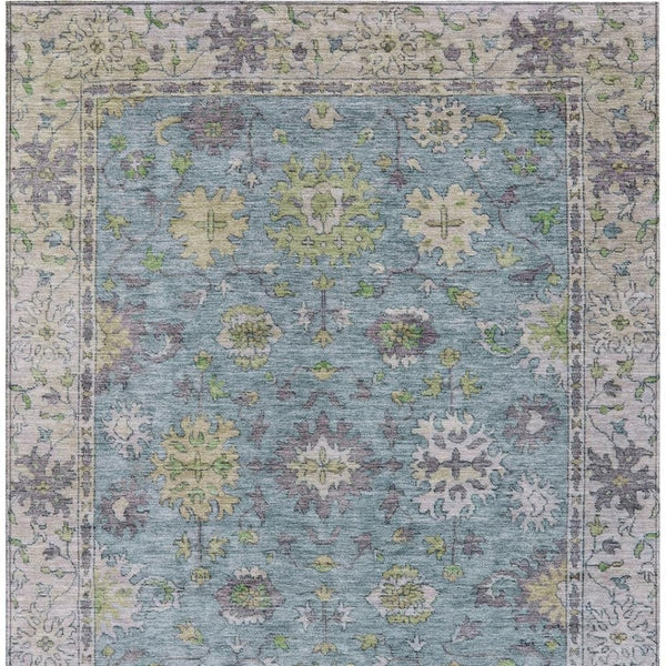 HomeRoots 9' X 12' Timeless Floral Washable Area Rug in Pale Aqua, Gold & Gray for Indoor/Outdoor Charm 630289