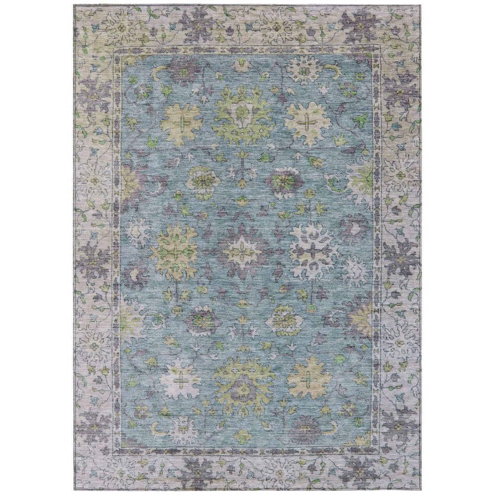 HomeRoots 9' X 12' Timeless Floral Washable Area Rug in Pale Aqua, Gold & Gray for Indoor/Outdoor Charm 630289