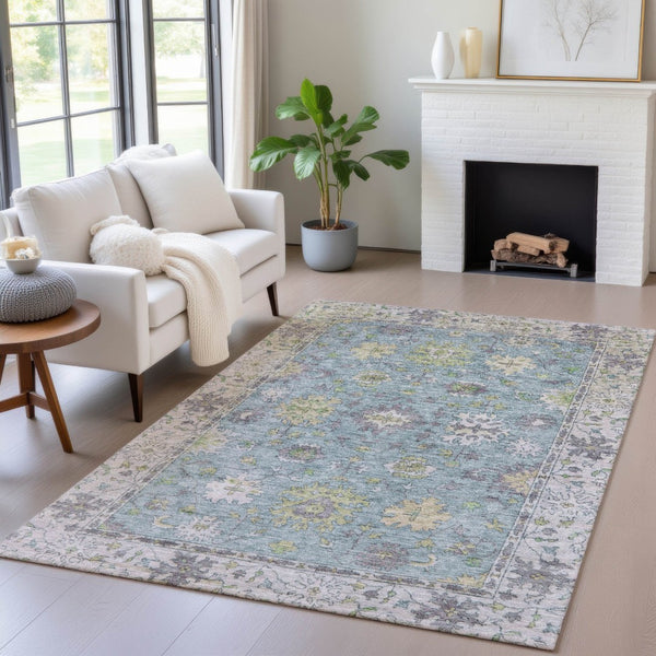 HomeRoots 9' X 12' Timeless Floral Washable Area Rug in Pale Aqua, Gold & Gray for Indoor/Outdoor Charm 630289
