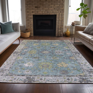 HomeRoots 9' X 12' Timeless Floral Washable Area Rug in Pale Aqua, Gold & Gray for Indoor/Outdoor Charm 630289