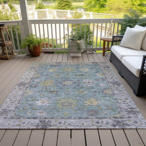 HomeRoots 9' X 12' Timeless Floral Washable Area Rug in Pale Aqua, Gold & Gray for Indoor/Outdoor Charm 630289