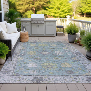 HomeRoots 10' X 14' Floral Washable Area Rug in Pale Aqua, Gold & Gray - Perfect for Indoor & Outdoor Spaces! 630290