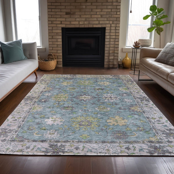 HomeRoots 10' X 14' Floral Washable Area Rug in Pale Aqua, Gold & Gray - Perfect for Indoor & Outdoor Spaces! 630290