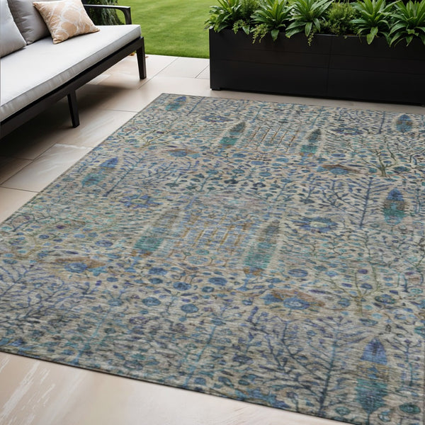 HomeRoots 5' X 8' Brown and Teal Floral Washable Indoor-Outdoor Area Rug - Stylish, Durable, and Easy to Clean! 630292