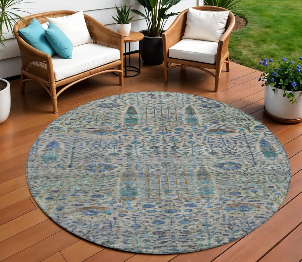 HomeRoots 8' Round Floral Area Rug in Brown & Teal Blue - Washable, Durable for Indoor & Outdoor Use! 630293