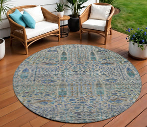 HomeRoots 8' Round Floral Area Rug in Brown & Teal Blue - Washable, Durable for Indoor & Outdoor Use! 630293