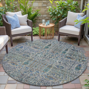 HomeRoots 8' Round Floral Area Rug in Brown & Teal Blue - Washable, Durable for Indoor & Outdoor Use! 630293