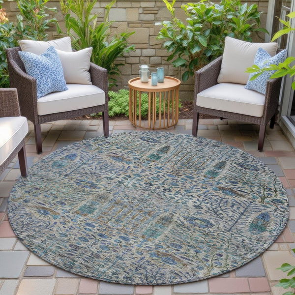 HomeRoots 8' Round Floral Area Rug in Brown & Teal Blue - Washable, Durable for Indoor & Outdoor Use! 630293
