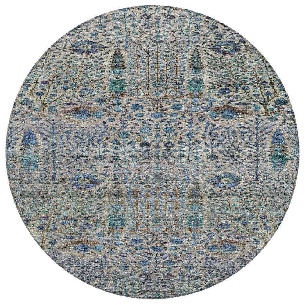 HomeRoots 8' Round Floral Area Rug in Brown & Teal Blue - Washable, Durable for Indoor & Outdoor Use! 630293