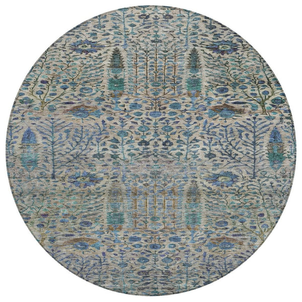 HomeRoots 8' Round Floral Area Rug in Brown & Teal Blue - Washable, Durable for Indoor & Outdoor Use! 630293
