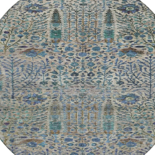 HomeRoots 8' Round Floral Area Rug in Brown & Teal Blue - Washable, Durable for Indoor & Outdoor Use! 630293