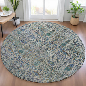 HomeRoots 8' Round Floral Area Rug in Brown & Teal Blue - Washable, Durable for Indoor & Outdoor Use! 630293