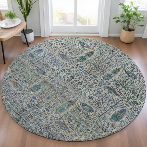 HomeRoots 8' Round Floral Area Rug in Brown & Teal Blue - Washable, Durable for Indoor & Outdoor Use! 630293
