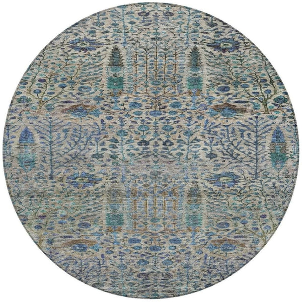 HomeRoots 8' Round Floral Area Rug in Brown & Teal Blue - Washable, Durable for Indoor & Outdoor Use! 630293