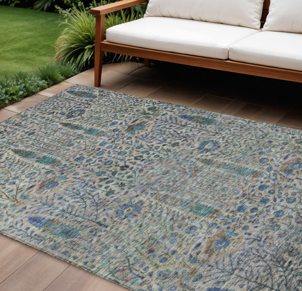 HomeRoots 10' Brown & Teal Floral Washable Area Rug - Durable Indoor/Outdoor Mat for Elegant Spaces & Easy Care 630296
