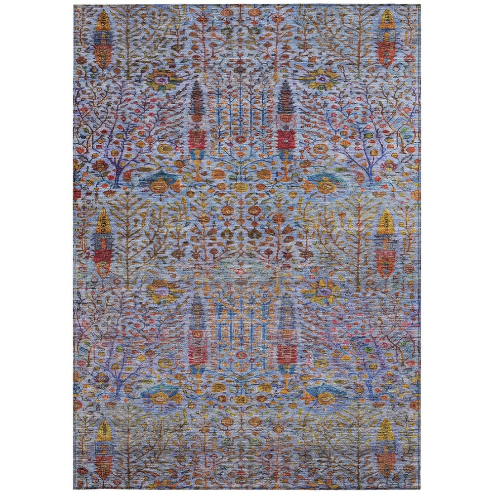 HomeRoots 5' Vibrant Floral Area Rug in Blue, Red & Gold - Washable, Durable for Indoor/Outdoor Spaces! 630298