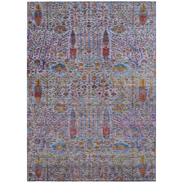 HomeRoots 5' Vibrant Floral Area Rug in Blue, Red & Gold - Washable, Durable for Indoor/Outdoor Spaces! 630298