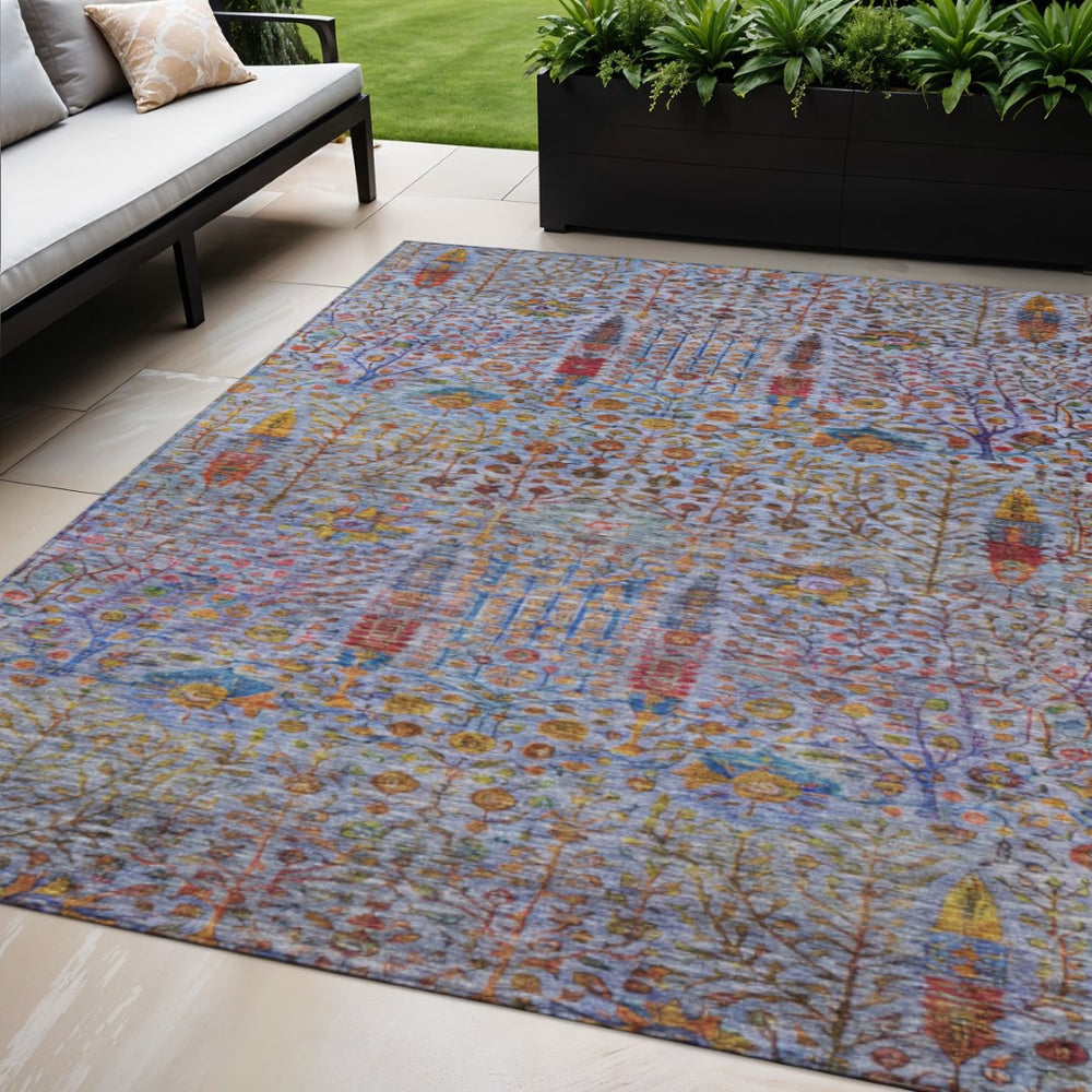 HomeRoots 5' Vibrant Floral Area Rug in Blue, Red & Gold - Washable, Durable for Indoor/Outdoor Spaces! 630298