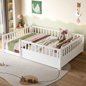 English Elm Twin Montessori Floor Bed Solid Pine Frame with Safety Fence Door for Kids Play Space White W1858P382400
