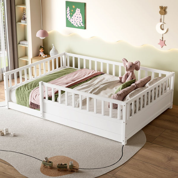 English Elm Twin Montessori Floor Bed Solid Pine Frame with Safety Fence Door for Kids Play Space White W1858P382400