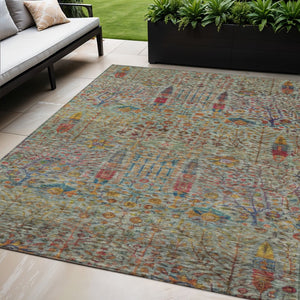 HomeRoots 5' X 8' Floral Washable Area Rug - Vibrant Green, Red & Navy Blue for Indoor/Outdoor Spaces, Durable! 630304