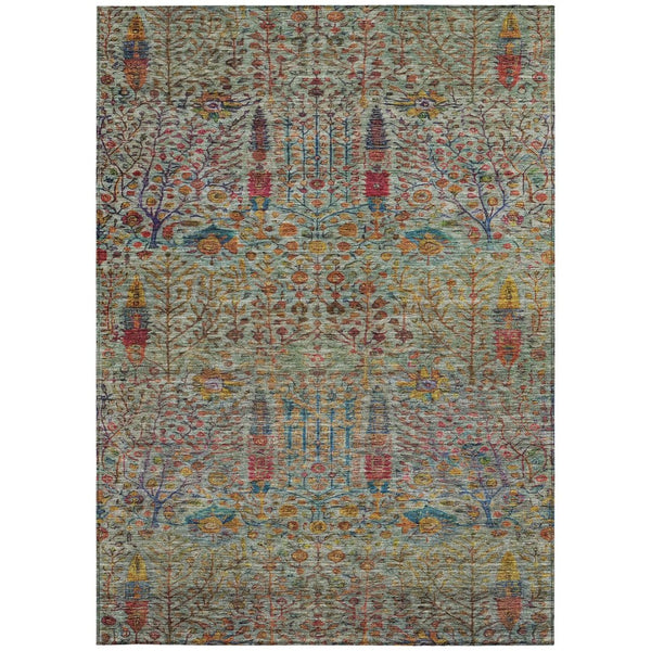 HomeRoots 5' X 8' Floral Washable Area Rug - Vibrant Green, Red & Navy Blue for Indoor/Outdoor Spaces, Durable! 630304