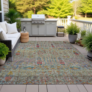 HomeRoots 5' X 8' Floral Washable Area Rug - Vibrant Green, Red & Navy Blue for Indoor/Outdoor Spaces, Durable! 630304