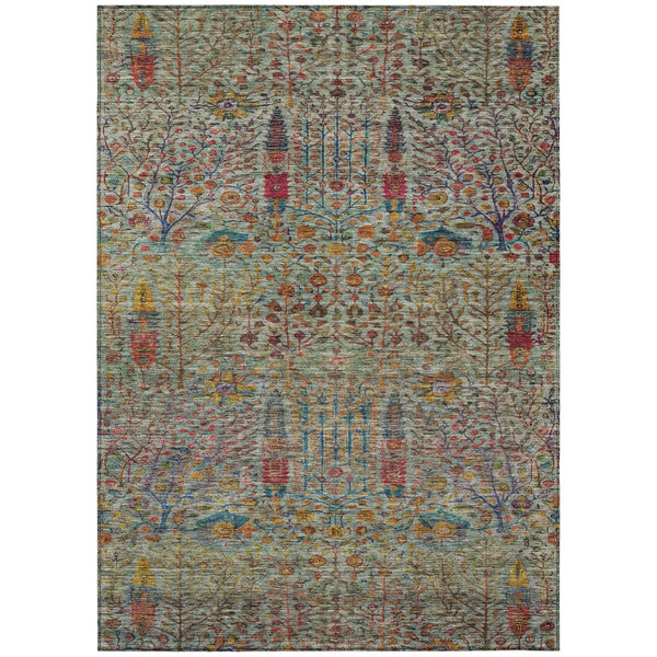 HomeRoots 5' X 8' Floral Washable Area Rug - Vibrant Green, Red & Navy Blue for Indoor/Outdoor Spaces, Durable! 630304