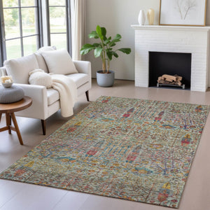 HomeRoots 5' X 8' Floral Washable Area Rug - Vibrant Green, Red & Navy Blue for Indoor/Outdoor Spaces, Durable! 630304