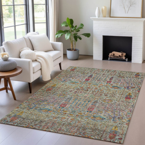HomeRoots 5' X 8' Floral Washable Area Rug - Vibrant Green, Red & Navy Blue for Indoor/Outdoor Spaces, Durable! 630304