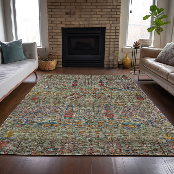 HomeRoots 5' X 8' Floral Washable Area Rug - Vibrant Green, Red & Navy Blue for Indoor/Outdoor Spaces, Durable! 630304