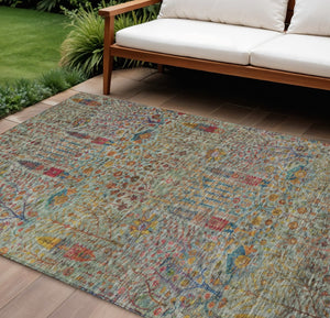 HomeRoots 10' Floral Area Rug in Green, Red & Navy - Washable, Stain-Resistant for Indoor/Outdoor Use! 630308
