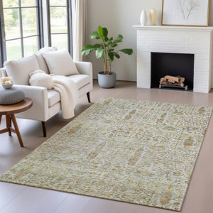 HomeRoots 5' X 8' Linen & Gold Floral Area Rug - Stylish, Washable, Durable for Indoor & Outdoor Spaces 630310