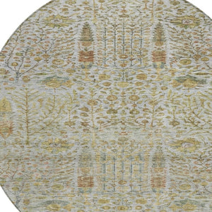 HomeRoots 8' Linen and Gold Round Floral Area Rug - Durable, Washable, Elegant Design for Indoor & Outdoor Use 630311