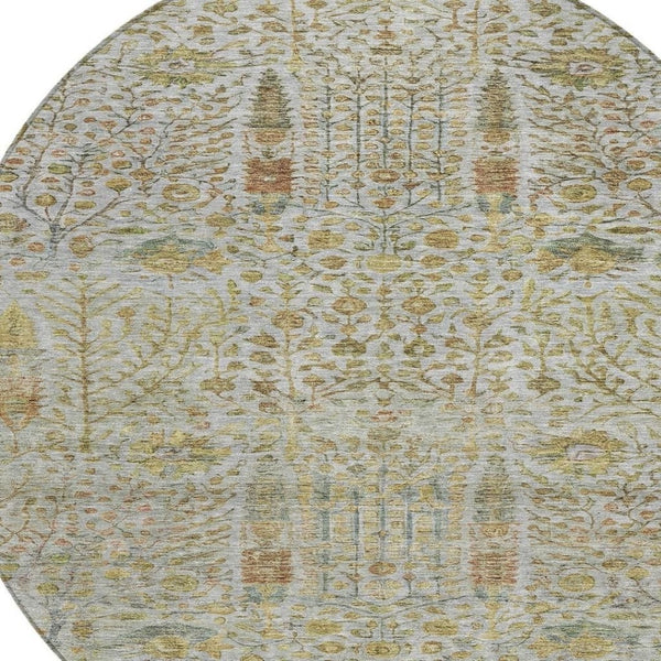 HomeRoots 8' Linen and Gold Round Floral Area Rug - Durable, Washable, Elegant Design for Indoor & Outdoor Use 630311